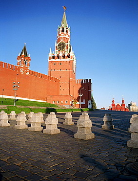 The Spasskaya Tower under a blue sky, Red Square, Moscow, Russia