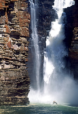 People driving a boat to the King George Falls, Kimberley, Western Australia, Australia