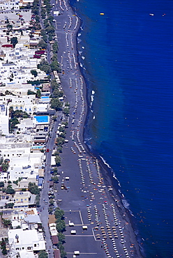 High angle view at Kamari Beach, Santorin, Cyclades, Greece, Europe