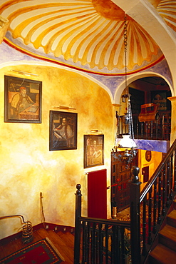 Illuminated staircase at the Posada de la Casa di Abad, Ampudia, Castilla, Spain, Europe