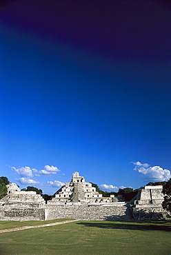 Ruins of a Maya temple under blue sky, Edzna, Yucatan, Campeche, Mexico, America