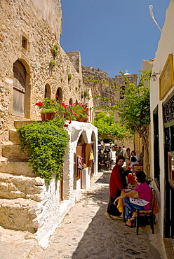 Cafe in the medieval village Monemvasia, Lakonia, Peloponnese, Greece