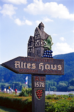 Restaurant sign under clouded sky, Assmannshausen, Rheingau, Hesse, Germany, Europe