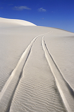 vehicle tracks in white sand dune, Australia