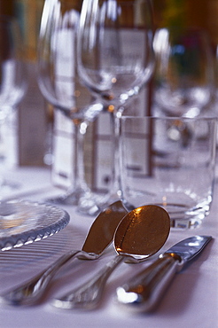 A table is laid at restaurant Schoeneck, Muehlen, Puster valley, South Tyrol, Italy, Europe