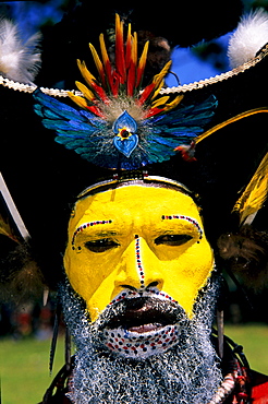 Local man with yellow painted face, Portrait, Huli Sing Sing festival, Mt Hagen, Eastern Highlands, Papua New Guinea, Melanesia