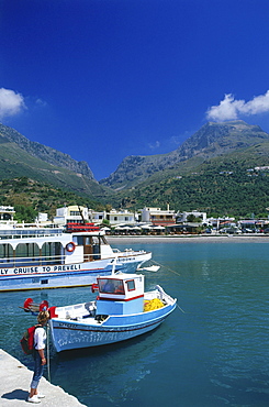 Ferry and fishing boat, Harbour, Plakais, Crete, Greece