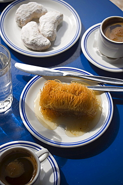 Greek sweets and coffee serving in the Marianthi Tavern, Zia, Kos, Greece