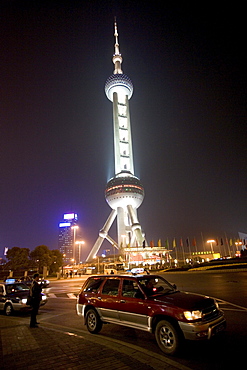 Pudong, Center of Pudong, Lujiazui, 468 meters high (1, 536 feet) tower, flags, Municipal History Museum, restaurants, (including a rotating restaurant) and sightseeing floor, observation deck