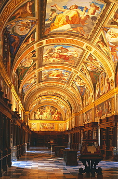 Library inside the monastery, Monasterio de El Escorial, Province Madrid, Spain