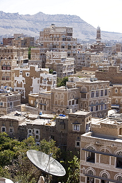 Satellite Dish & Traditional Houses in Old Town Sana'a, Sana'a, Yemen