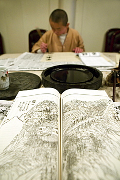 evening school for calligraphy, young monk, Xixiang Chi monastery and temple, Elephant Bathing Pool, China, Asia, World Heritage Site, UNESCO