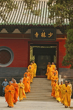 Shaolin Buddhist monks rehearse for a performance on Buddhas birthday, Shaolin Monastery, known for Shaolin boxing, Taoist Buddhist mountain, Song Shan, Henan province, China, Asia