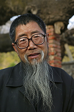 Former monk, caretaker of the Songyue Temple Pagoda near Shaolin Monastery, the oldest pagoda in China, rare with twelve sides, Taoist Buddhist mountain, Song Shan, Henan province, China