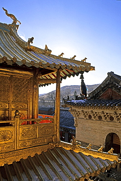 Golden Hall in copper, Xian Tong Temple, Oldest monastery in Mount Wutai, Wutai Shan, Five Terrace Mountain, Buddhist Centre, town of Taihuai, Shanxi province, China