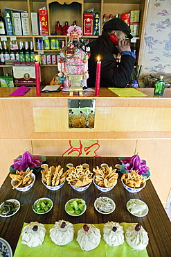 Village shop with house shrine, Chinese New Year, Mount Wutai, Wutai Shan, Taihuai, Shanxi province, China