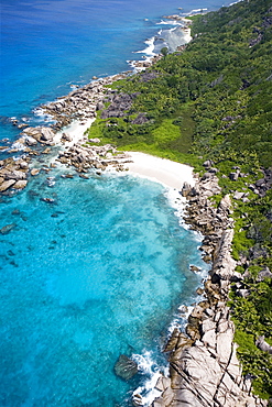 Aerial Photo of Granite Rocks & Beach near Pte. Turcey, La Digue Island, Seychelles