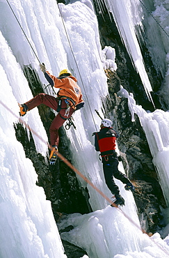 Two people ice climbing, Sand in Taufers, South Tyrol, Italy, Europe