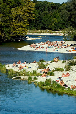 Nude Gay Beach Area at Flaucher at the River Isar, leisure, Munich, Bavaria, Germany, Isar, Isarufer, Badegaeste, baden in der Isar, Isarauen, Flaucher, sunbathing, swimming in the river Isar, naked people at the river bank, FKK Badeplatz, hauptsaechlich Schwule, Schwulentreff, Homosexuelle, gay, renaturierte Isar, renaturation, Sonnenbad, sunbathing, Freizeit, leisure, people, outdoor, entertainment, lifestyle, Sommer, Unterhaltung, entertainment, Bewegung, Sport, Action, jung, young, Mensch, Menschen, people, Stadtleben, recreational retreat, nude, nudity, nudist, holidays, recreation, banks, sports, landscape, Querformat