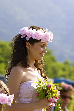 Young woman is rose queen, Rose Festival, Karlovo, Bulgaria