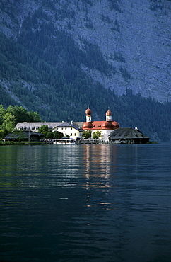 church of St. Bartholomae at lake Koenigssee, Berchtesgaden range, Upper Bavaria, Bavaria, Germany