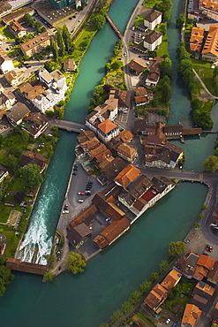 Aerial shot from a paraglider of Interlaken, Bernese Oberland (highlands), Canton of Bern, Switzerland