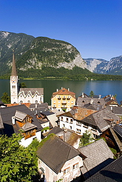 View over Hallstatt with Protestant Christ church and Lake Hallstatt, Salzkammergut, Upper Austria, Austria