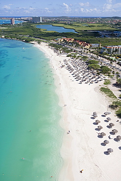 Aerial Photo of Eagle Beach and High-Rise Hotels of Palm Beach, Aruba, Dutch Caribbean