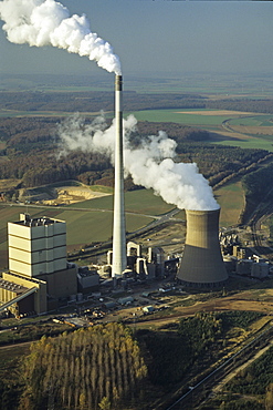 aerial photo coal fired power plant at Buschhaus near Helmstedt, brown coal open pit mine, Saxony Anhalt, Germany