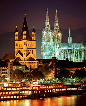 Night over Cologne with cathedral and St. Martin, Cologne, Germany