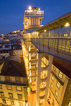 Portugal, Lisbon, Portugal, Lisbon, Portugal, View from Elevator Santa Justa towords Castelo Sao Jorge at twilight