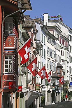 Switzerland, Zuerich, old city center, Augustinergasse, 1, august, swiss flags