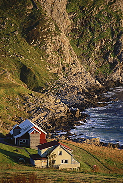 Coastal landscape with houses, Kvalheim Bay, Vasgoy, Norway