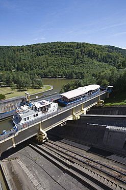 Houseboat and Tourist Boat on Arzviller Boat Lift, Saint-Louis-Arzviller Inclined Plane, Canal de la Marne au Rhin, near Arzviller, Alsace, France