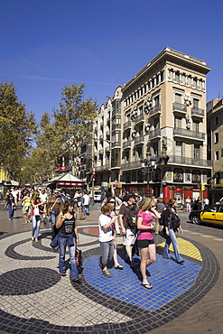 Barcelona, Ramblas, mosaic by Joan Miro, people