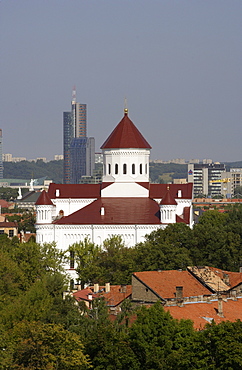 Orthodox church of the Holy Mother of God and the new business center of Vilnius in the back, Lithuania, Vilnius