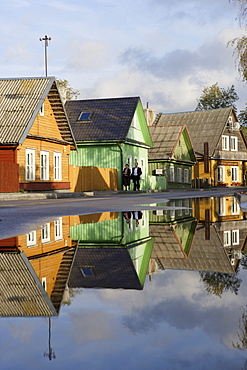 Wooden houses on the main road in the village of Trakai, Lithuania