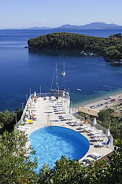 Swimming pool with ocean view on a roof, Kalami, Corfu, Ionian Islands, Greece