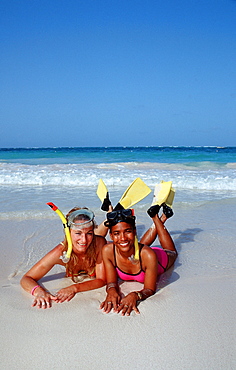 Two female scin diver on the beach, Punta Cana, Caribbean, Dominican Republic