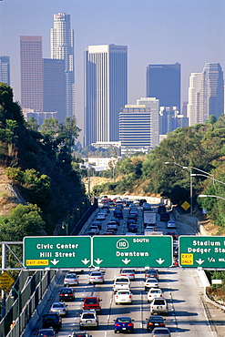 Downtown L.A. with highway 110 at rush hour, Los Angeles, California, USA