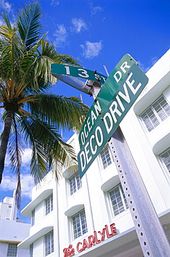 Street sign Ocean Drive with Hotel The Carlyle, South Beach, Miami, Florida, USA