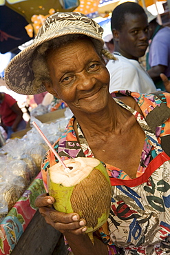 Woman at Market Serving Chilled Coconut, St. George's, Grenada