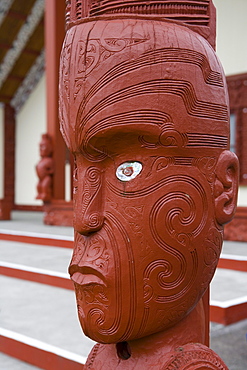 Maori Carving at Rotowhio Marae Meeting House Entrance, Te Puia, Rotorua, North Island, New Zealand