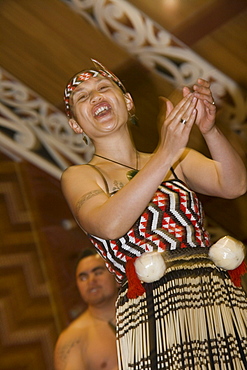 Maori Woman Performing Traditional Dance, Te Puia Maori Cultural Performance, Rotorua, North Island, New Zealand