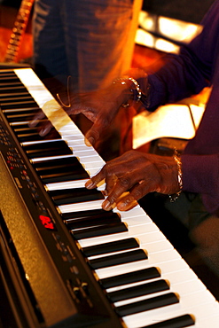 Musician playing the piano in Bobs Southern Bistro, Boston, Massachusetts, USA