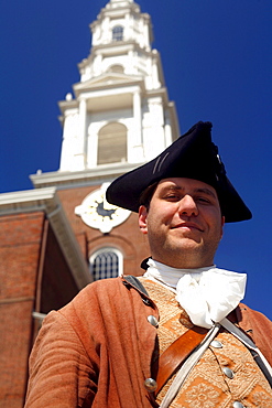 Man in historic costume at Park Street Church, Boston, Massachusetts, USA