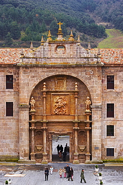 Portal showing St. Millan fighting Moors, monastery, Monasterio de Yuso, San Millan de la Cogolla, La Rioja, Spain