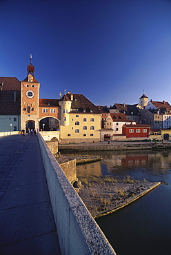 Romanesque Stony Bridge across river Danube to the medieval Old Town, Upper Palatinate, Bavaria, Germany