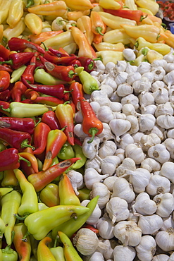 Sweet Paprika Peppers and Garlic Cloves in Central Market Hall, Pest, Budapest, Hungary