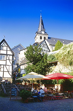 A street cafe in Essen Old Town, Kettwig, Ruhr Valley, Ruhr, Northrhine Westphalia, Germany